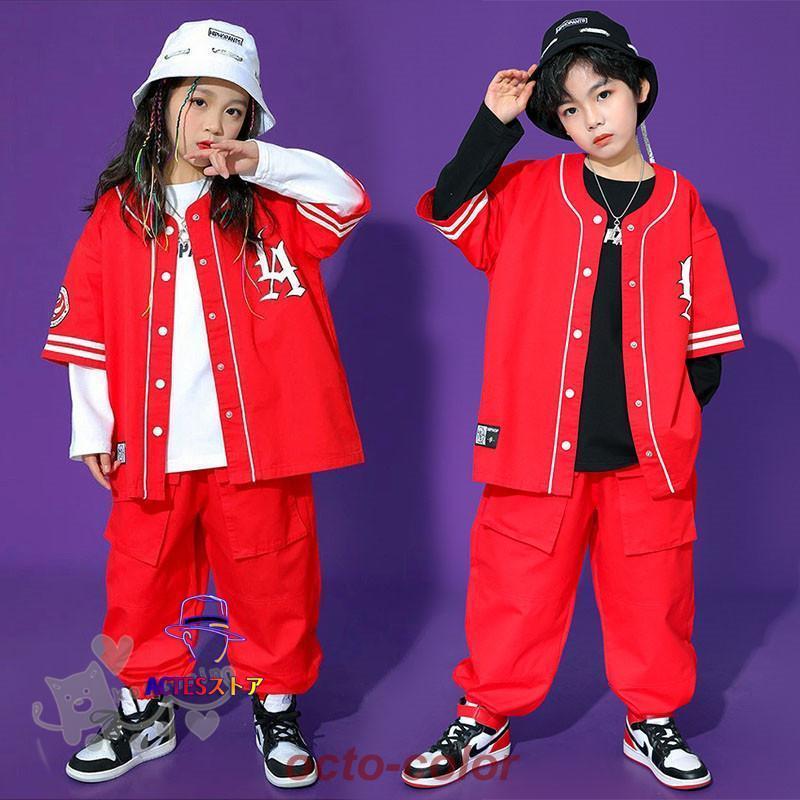 ダンス衣装 ヒップホップ セットアップ赤 レッド ベースボールシャツ
