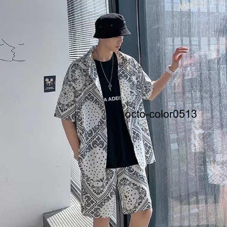 セットアップ メンズ リーフ柄 半袖シャツ+ショートパンツ 2色 ペイズリー柄 セットアップ メンズ 半袖 シャツ ゆったり