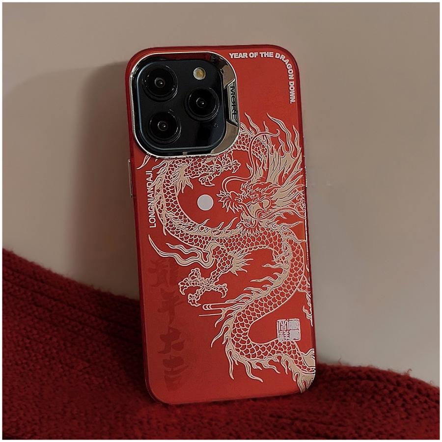 iPhone ケース 人気 おしゃれ 耐衝撃 龍 赤 新年 カメラレンズカバー