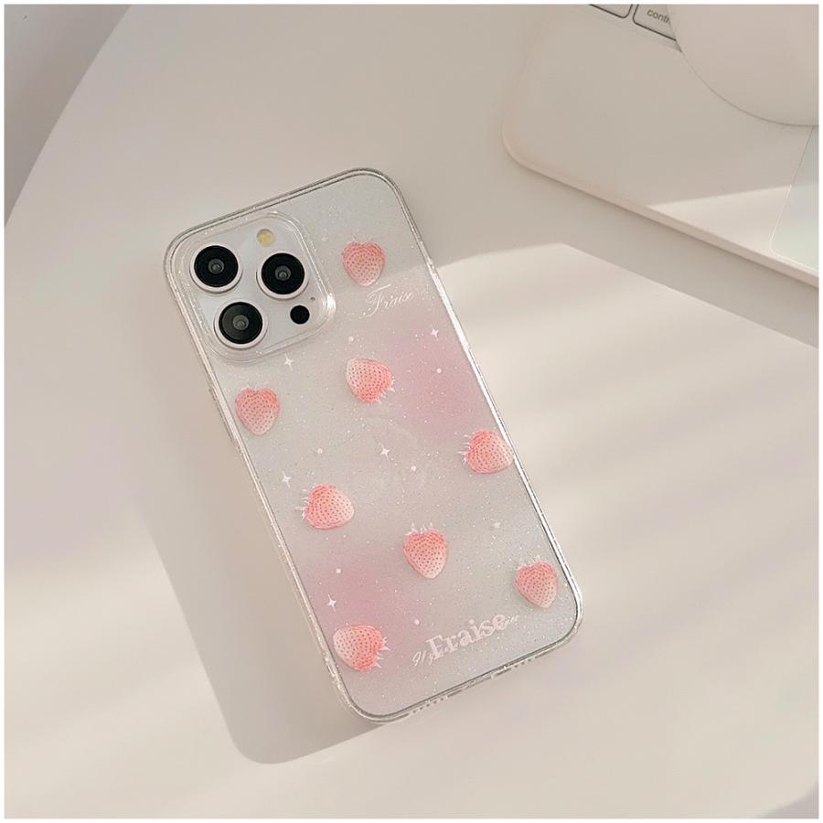 iPhone15ケース アイフォンケース iPhone専用 プロ 透明 いちご柄 3D