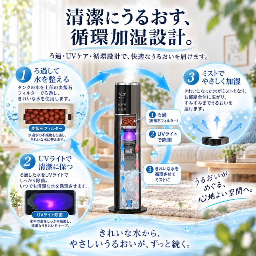 加湿器 超音波式 10L大容量 AI恒湿 自動湿度調節 uv除菌 5重除菌 上部