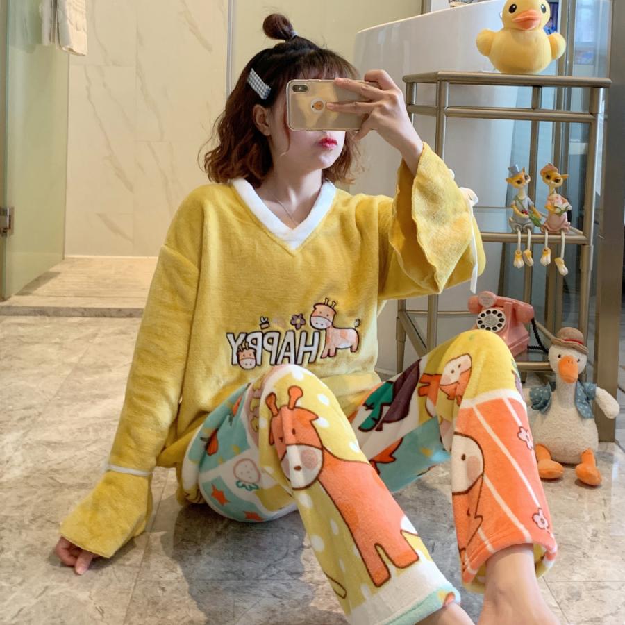 パジャマ ルームウェア 冬 長袖パジャマ Vネック 30代40代 キリン 上下