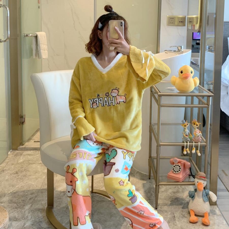 パジャマ ルームウェア 冬 長袖パジャマ Vネック 30代40代 キリン 上下セット 秋パジャマ 部屋着 寝巻き オシャレ 可愛い 動物 通販 Oネック長袖パジャマセット女性ベーシックコーラルベルベットラブリーナイトウェア女性オールマッチシック冬のカップルふわふわ