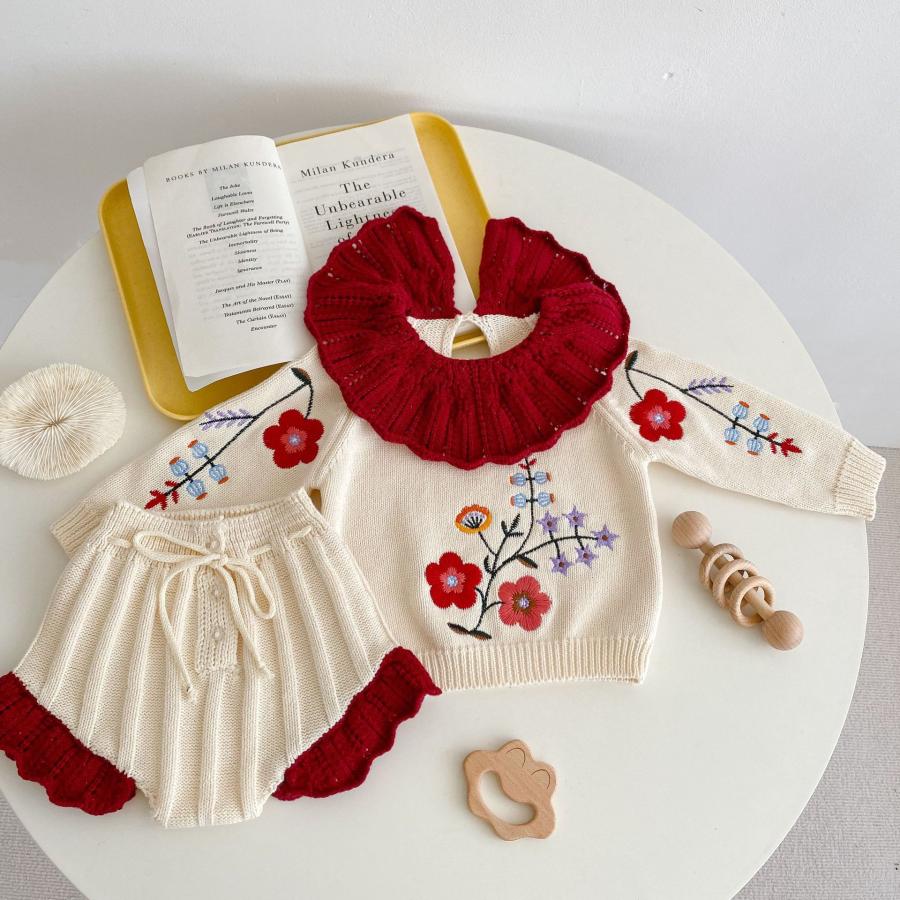 赤色 フリル襟付き 花柄刺繍 ベビーセットアップ ニットセーター 