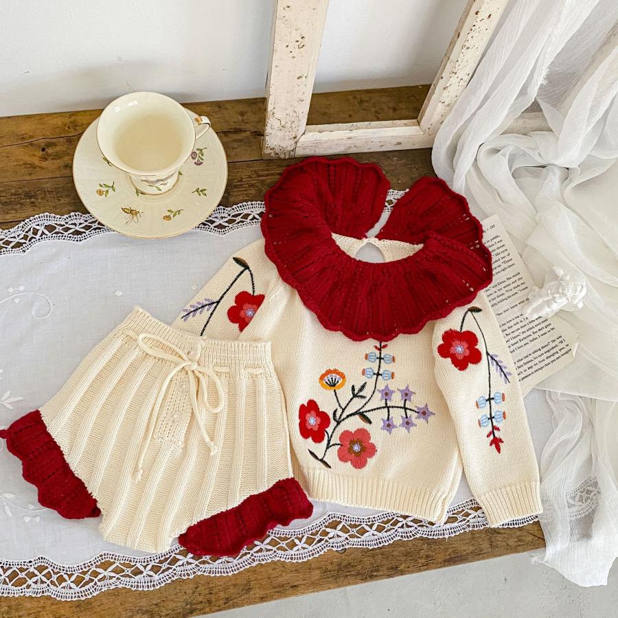 赤色 フリル襟付き 花柄刺繍 ベビーセットアップ ニットセーター  