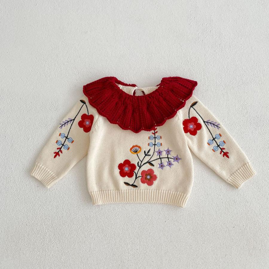 赤色 フリル襟付き 花柄刺繍 ベビーセットアップ ニットセーター 