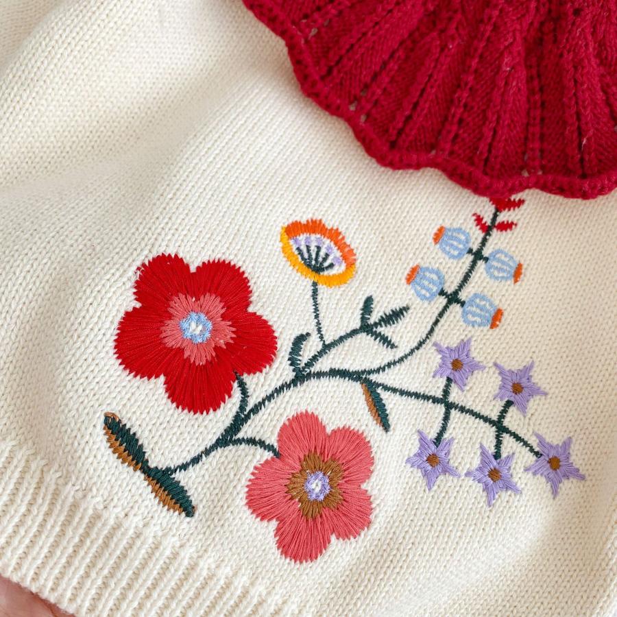 赤色 フリル襟付き 花柄刺繍 ベビーセットアップ ニットセーター 