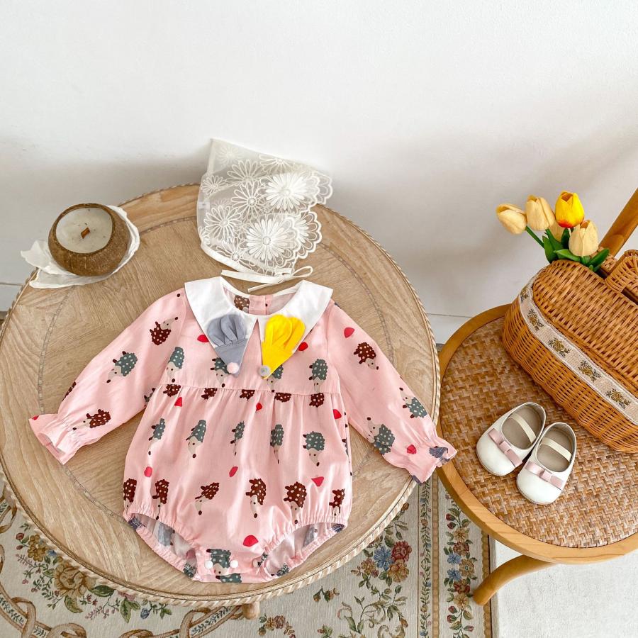 49 リバティ 親子姉妹お揃いベビークリップセット ボンポワン 姉妹お揃いコーデ ハリネズミ＆ハート柄 長袖ベビーロンパース