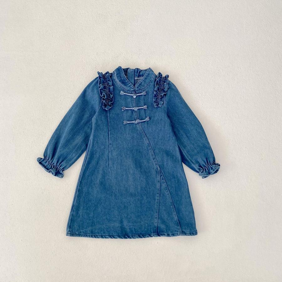 デニム チャイナ風 姉妹 お揃いセット ロンパース ドレス フリル