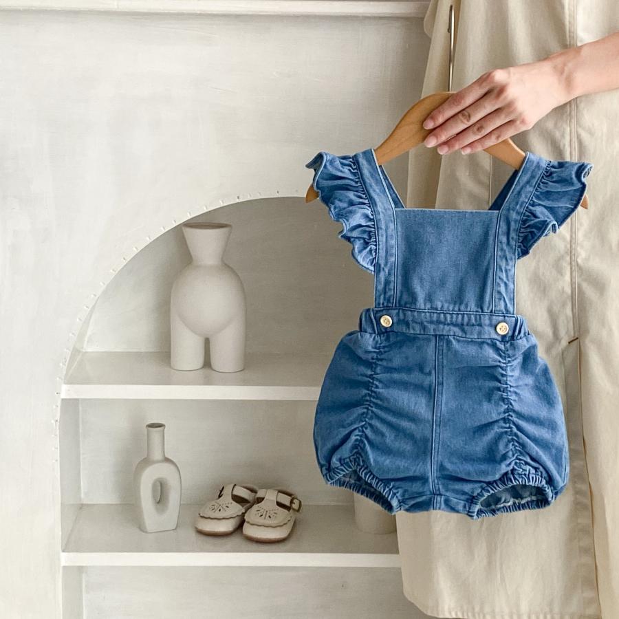 フリル付き デニム ベビーロンパース 女の子用 サマーオーバーオール