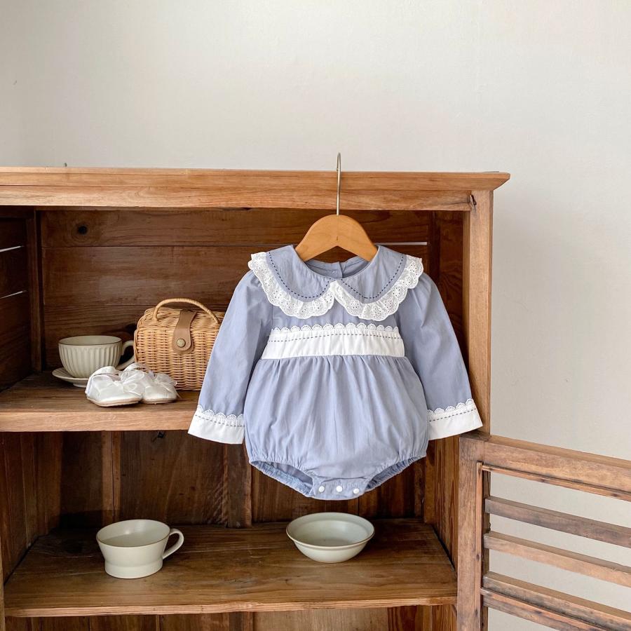 姉妹お揃い ベビーレース襟付き 長袖ロンパース ワンピース セット