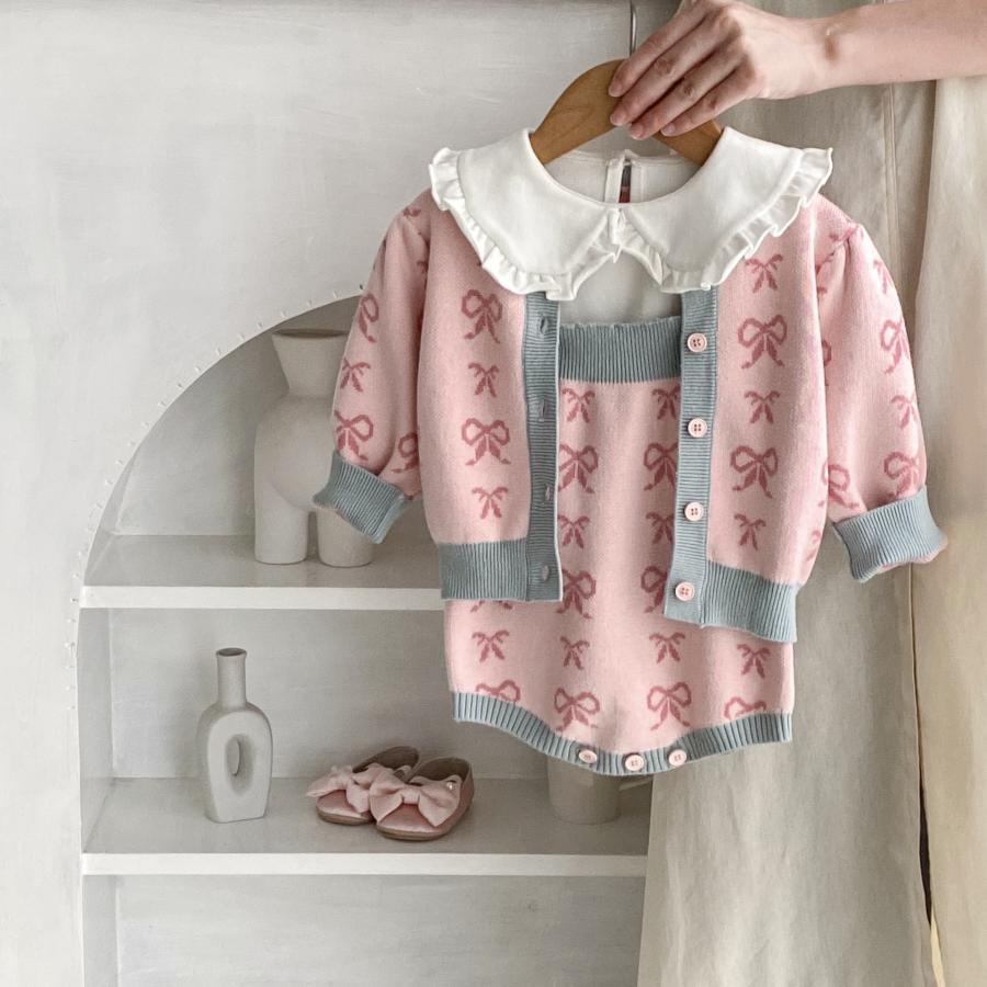 リボン柄 フリル襟付き ベビー用 ニット セットアップ ロンパース