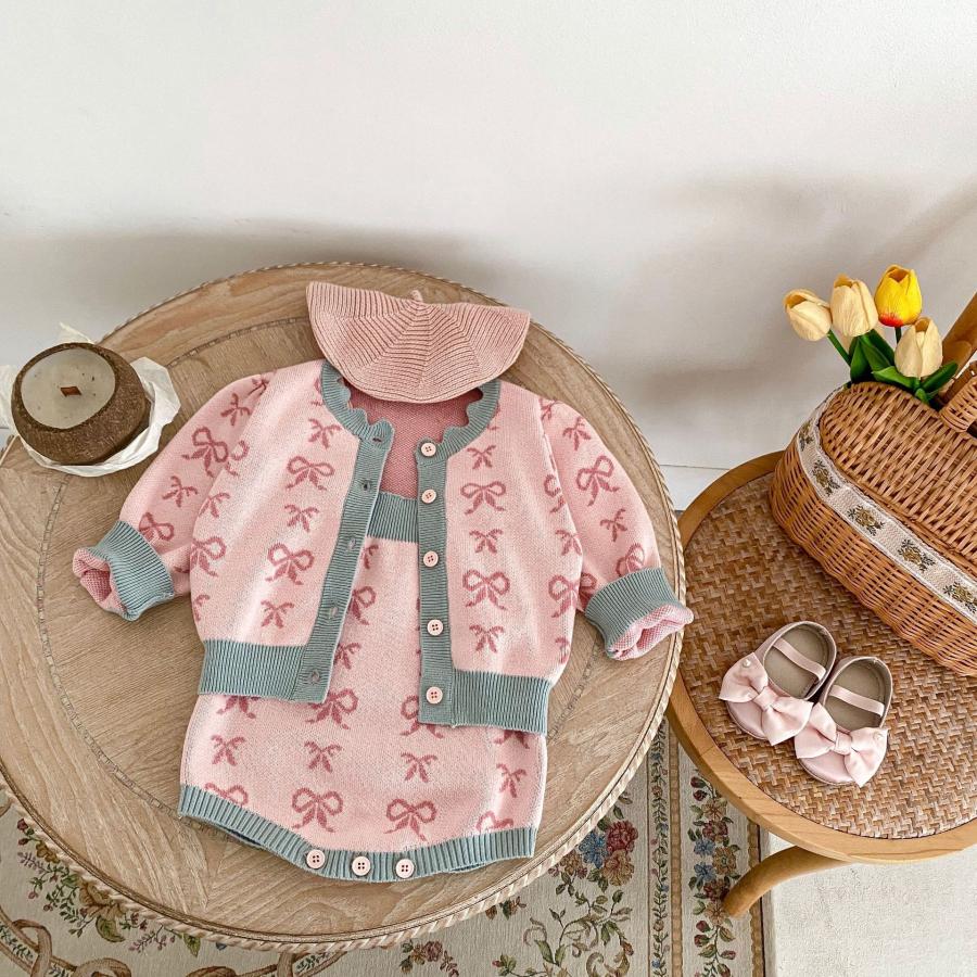 リボン柄 フリル襟付き ベビー用 ニット セットアップ ロンパース