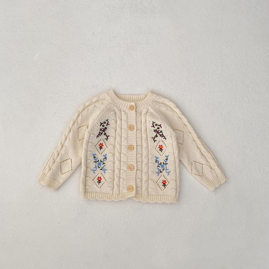 秋冬用 フローラル 刺繍入り ベビー ニットカーディガン サロペット