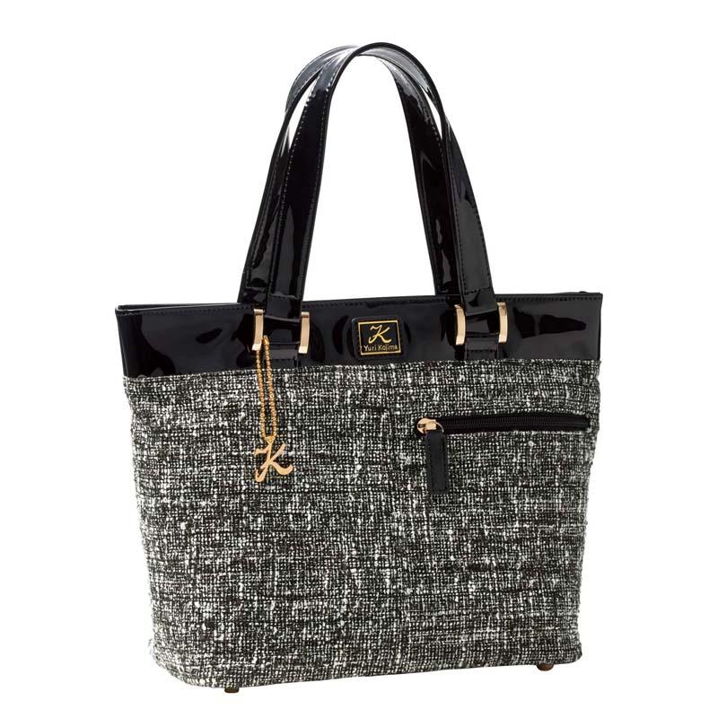 バッグ レディース 手提げ ハンド ツイード 調 エナメル ブラック