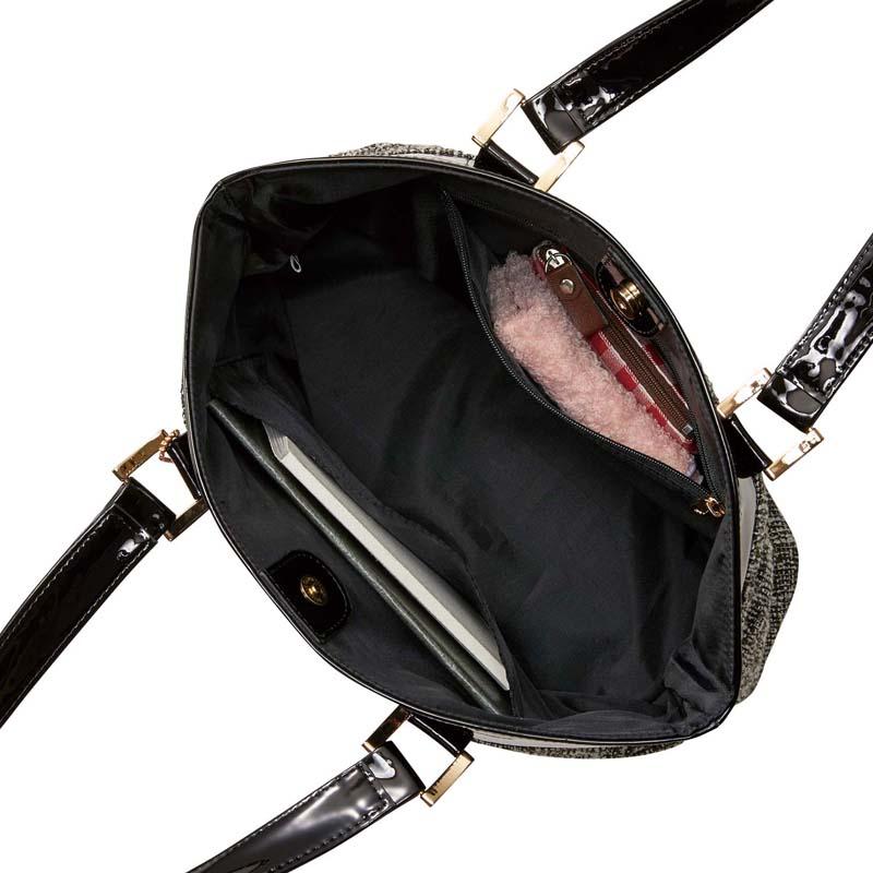 ユリドドコ バッグ レディース 手提げ ハンド ツイード 調 エナメル ブラック