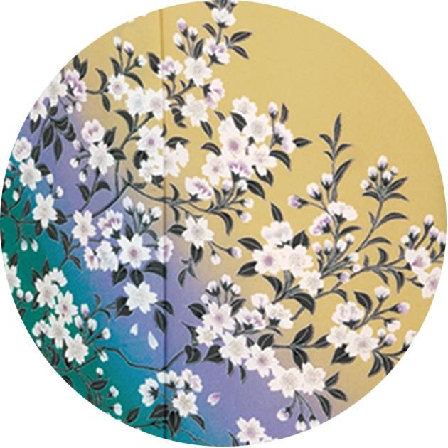 踊り 着物 付下げ 洗える 附下 黄色地 エメグリーンぼかし 桜 絵羽 胴抜き仕立て上がり 31-05 |  | 01