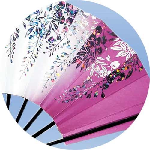 【新品・高級感】舞扇子 紫 格子模様 黒塗骨 9.5寸 舞踊 小道具 飾り扇子 舞扇子 舞踊 踊り用 9寸5分 黒塗骨 ホログラム箔 藤 紫 扇子箱入
