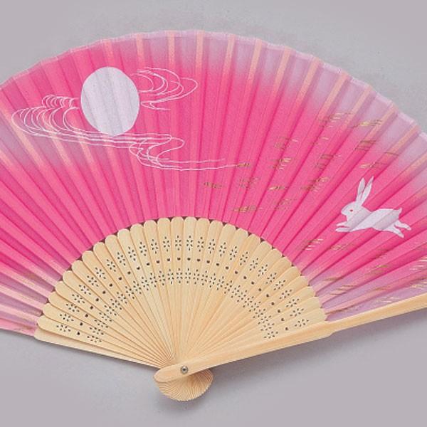 扇子 女性用 夏扇子 絹製 ピンク地 月うさぎ シルク ゆかた : ODORI