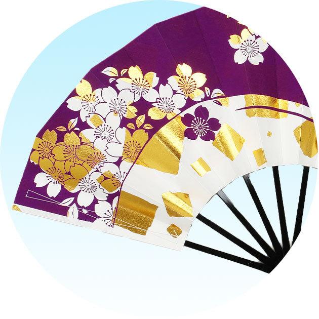 【新品未使用品】宮脇賣扇庵 桜 飾り扇 飾舞扇 舞扇子 舞踊 四季花 金地 舞扇子 踊り用 扇子 白地 紫 流水桜 金色紙 あですがた 花柄 祭り