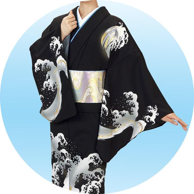 踊り 着物 きもの 訪問着 袷せ仕立 荒波 黒 紺 ディース 仕立上がり