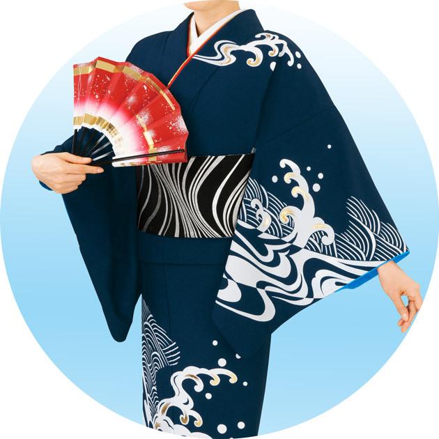 踊り 着物 きもの 訪問着 袷せ仕立 荒波 黒 紺 ディース 仕立上がり
