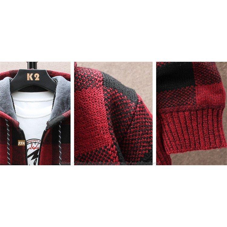 ニットジャケット カーディガン メンズ 冬服 裏起毛 チェック柄 ニット セーター トップス 秋冬 厚地 あったか
