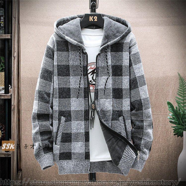 ニットジャケット カーディガン メンズ 冬服 裏起毛 チェック柄 ニット セーター トップス 秋冬 厚地 あったか