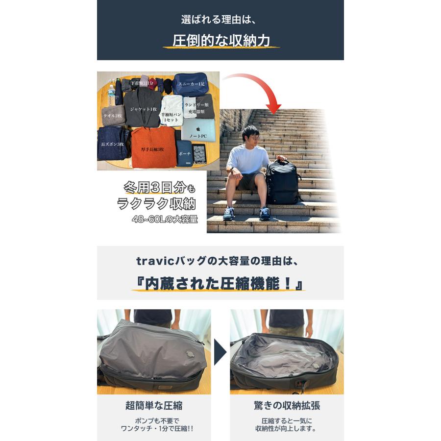 ポンプ不要  travic 圧縮可能 2wayバッグ キャリーにもなるリュック 機内持込OK キャリーバッグ スーツケース TSAロック 傷防止加工 拡張 送料無料の画像
