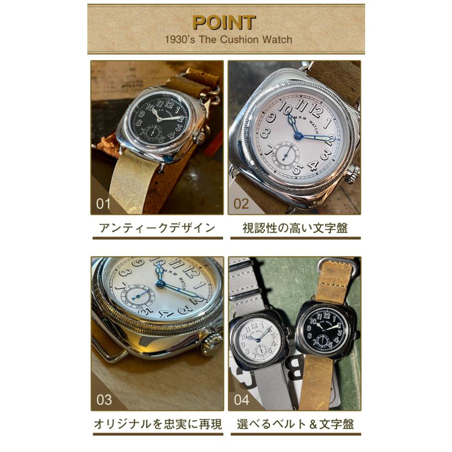1930's The Cushion Watch あらゆる名ブランドが製作した腕時計の形 英国軍人向け雑誌に掲載されたアンティーク・クッションウォッチを復刻 黒文字盤 白文字盤の画像