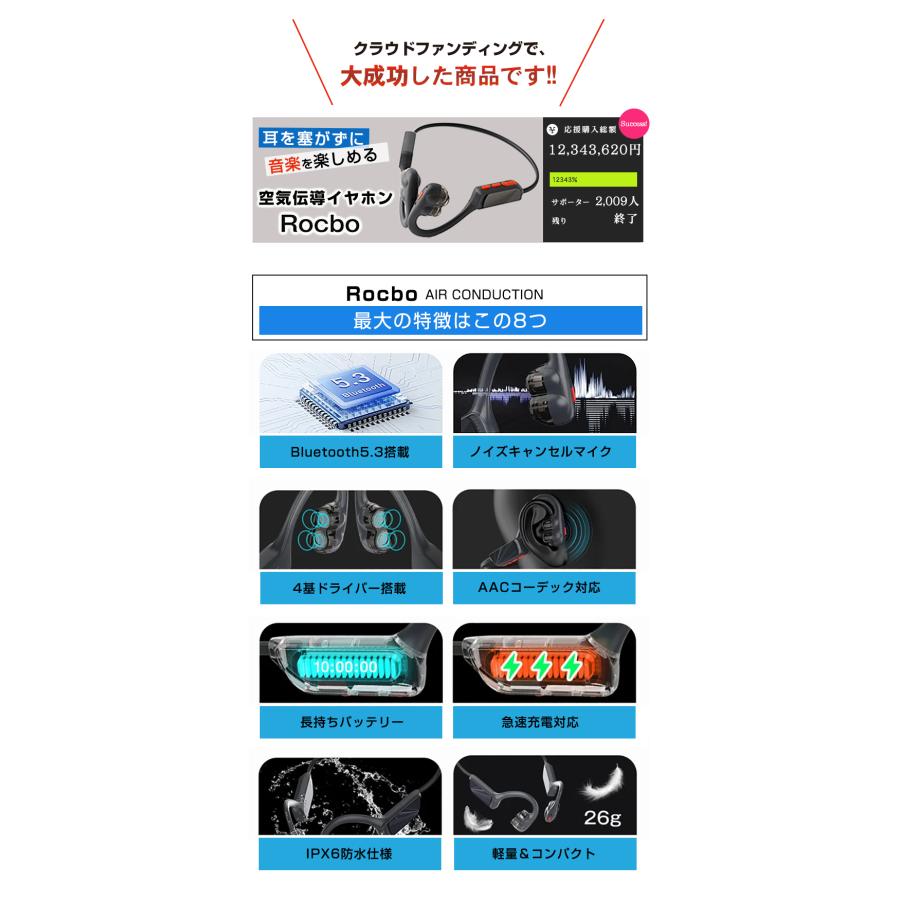 Rocbo 空気伝導イヤホン ロクボ 耳を塞がない 耳が痛くならない 耳を塞