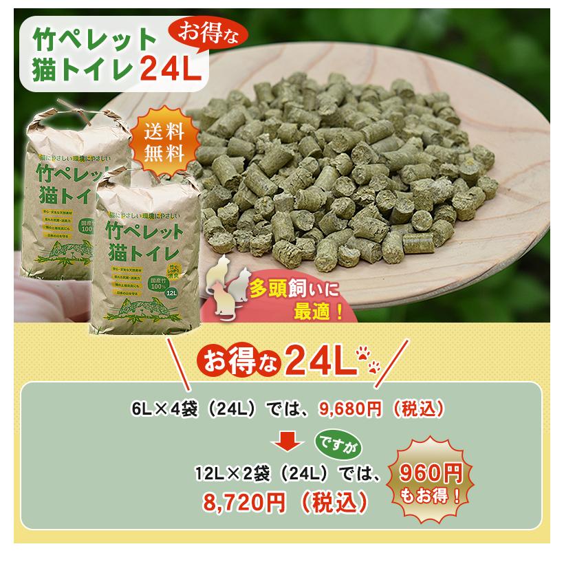 竹ペレット猫トイレ 12L×2個セット 送料無料 竹の猫砂 日本の竹100% 自然素材 安心安全 猫に優しい 環境に優しい 消臭 調湿 土に還る 竹ペレット 竹パウダーの画像