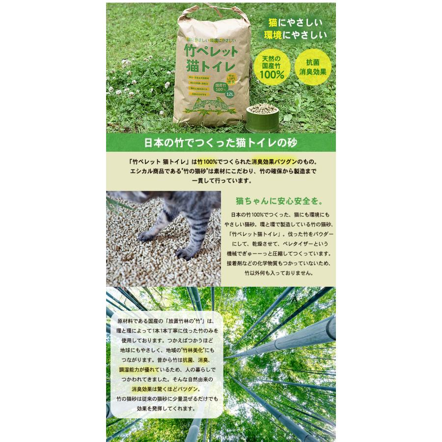 竹ペレット猫トイレ 12L×2個セット 送料無料 竹の猫砂 日本の竹100% 自然素材 安心安全 猫に優しい 環境に優しい 消臭 調湿 土に還る 竹ペレット 竹パウダーの画像