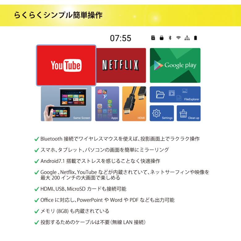 ミニプロジェクター 100ANSI Android7.1 ワイヤレス接続