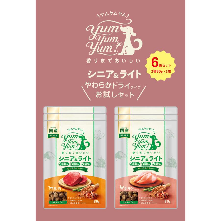 yum お試しセット シニア＆ライト やわらかドライタイプ (2種×80g 3袋