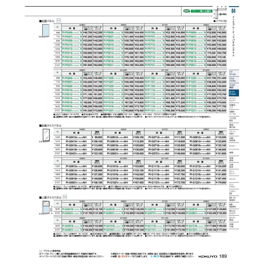 コクヨ 品番PI-GU1121F2KDNA2N 189 04.ローパーティション インテグレーテッドパネルシステム上面ガラスパネル イン