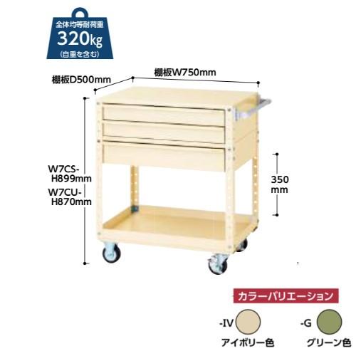 ツールワゴン 幅75ｘ奥行50cm 移動式 浅型2段・深型1段キャビネット付 キャスターφ100mmゴム車（自在ストッパー付2個、自在2個） 送料無料