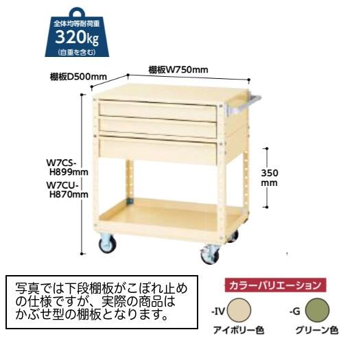 ツールワゴン 幅75ｘ奥行50cm 移動式 浅型2段・深型1段キャビネット付 キャスターφ100mmゴム車（自在ストッパー付2個、自在2個） 送料無料