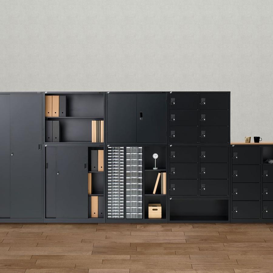 書庫 両開き書庫 H1110mm ブラック ALZK-H34 スチール書庫 A4 黒 上品 おしゃれ 日本製 完成品 生興の画像
