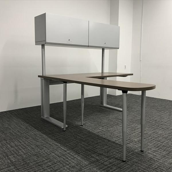L字デスク オフィスデスク XF 引出し無 アッパーキャビネット付 プラス ブラウン 中古 DL-870756Bの画像