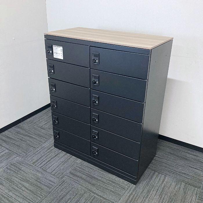 オカムラ モバイル機器保管庫シリーズ モバイルロッカ［2列6段12庫］ 4ZY1EW ZK25 W900×D450×H1115 天板プライズウッドミディアム本体ブラック 2022年製 中古_1