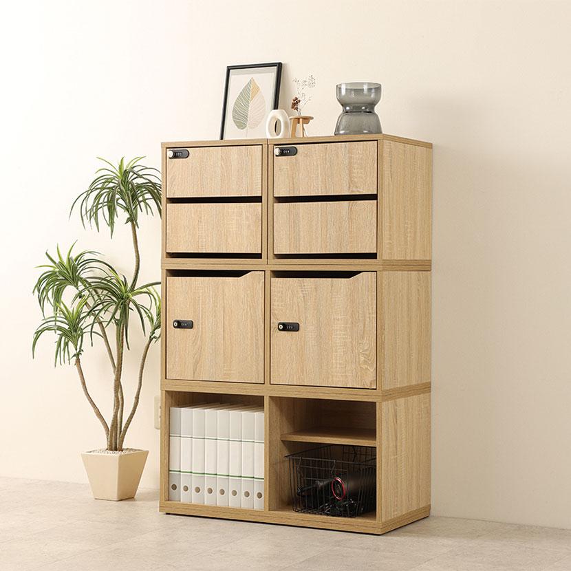 木製パーソナルロッカー 収納ボックス 引き出し付き ダイヤル錠 オール