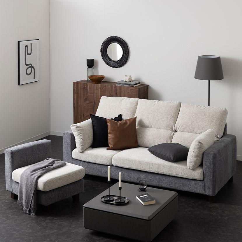 3人掛け カウチソファ 組み替え自由 分割 L字 クッション付き