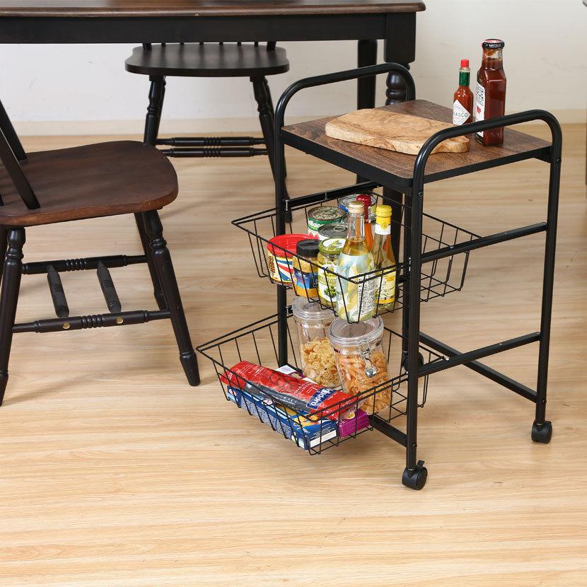キッチンワゴン キッチン収納・キッチンワゴン キャスター付きワゴン バスケット付き 幅450×奥行355×高さ695mm | 不二貿易 | 02