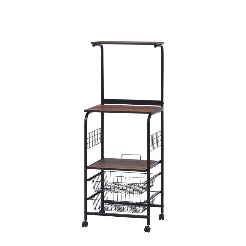 レンジワゴン ホワイト ブラウン キッチン収納 キッチンワゴン バスケット付き 幅515×奥行410×高さ1405mm | 不二貿易