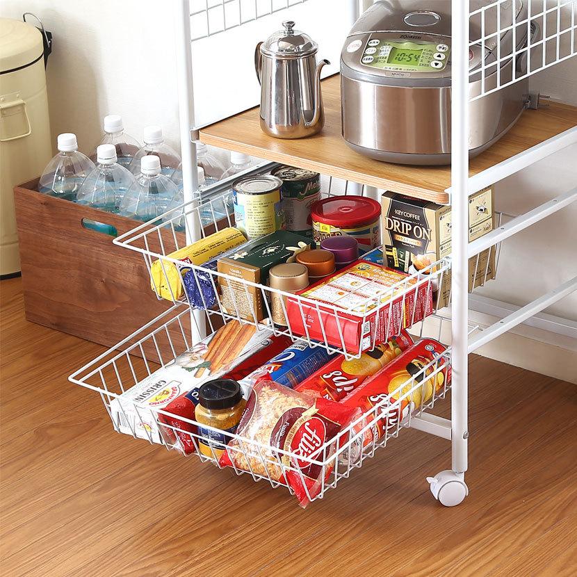 レンジワゴン ホワイト ナチュラル キッチン収納 キッチンワゴン バスケット付き 幅515×奥行410×高さ1405mm | 不二貿易 | 02