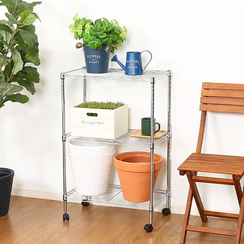 メタルマルチシェルフ 3段 クロム キャスター付き アジャスター付き ラック シェルフ 収納棚 オフィス収納 使い方アイデア次第 幅600×奥行350×高さ920mm | 不二貿易 | 01