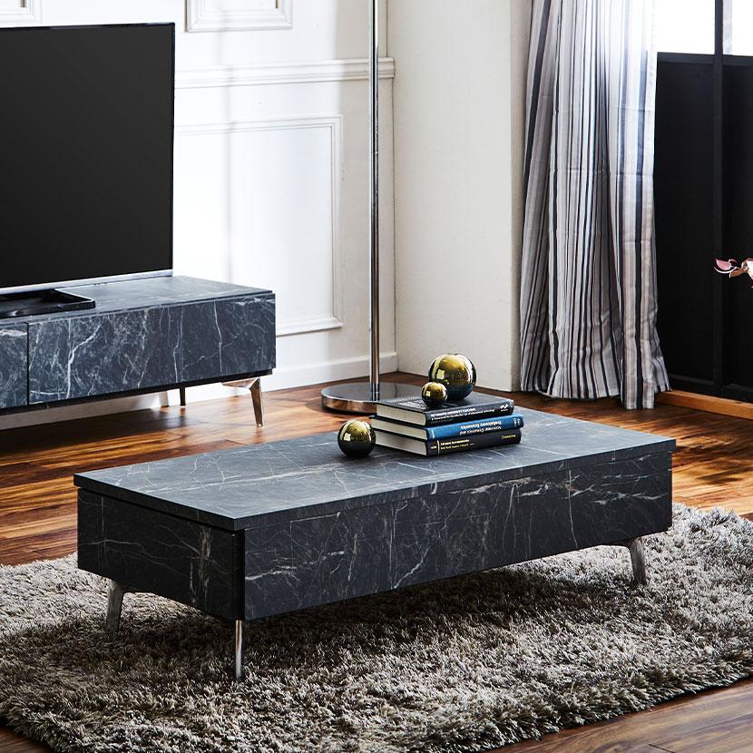 リビングテーブル センターテーブル ローテーブル 収納付 大理石調 モダン モノトーン 日本製 幅1050×奥行450×高さ300mm