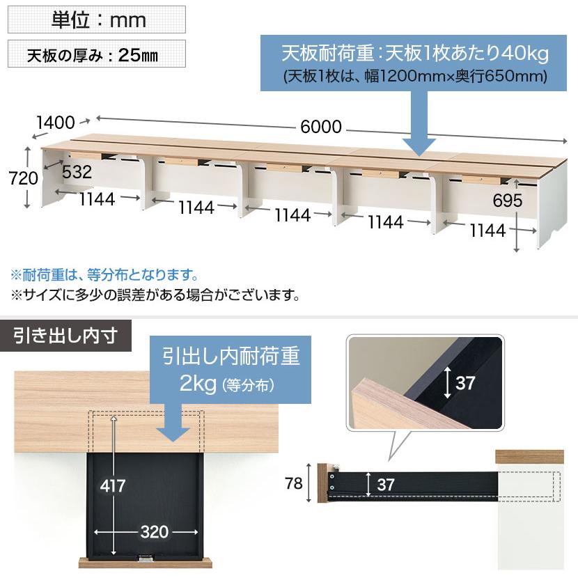 法人様限定 NF2.0シリーズ フリーアドレスデスク 10人用 引き出し付き 幅6000×奥行1400×高さ720mm 配線ボックス付き ミーティングテーブル 会議用テーブルの画像