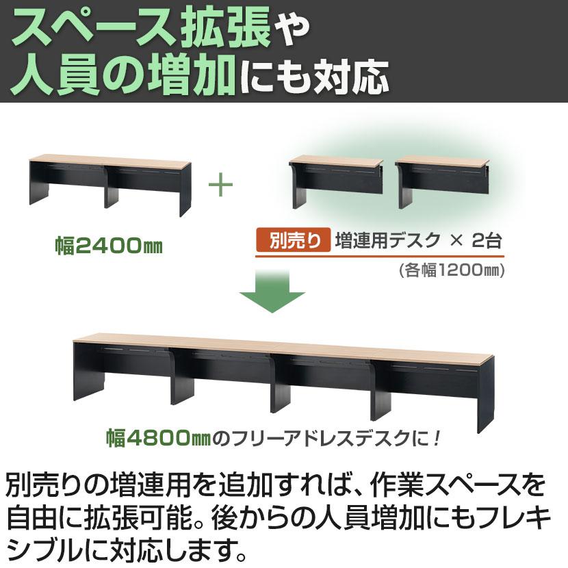 法人様限定 NFシリーズ フリーアドレスデスク 片面タイプ 2人用 幅2400×奥行750×高さ720mm 配線ボックス付き オフィスデスク 会議用テーブルの画像